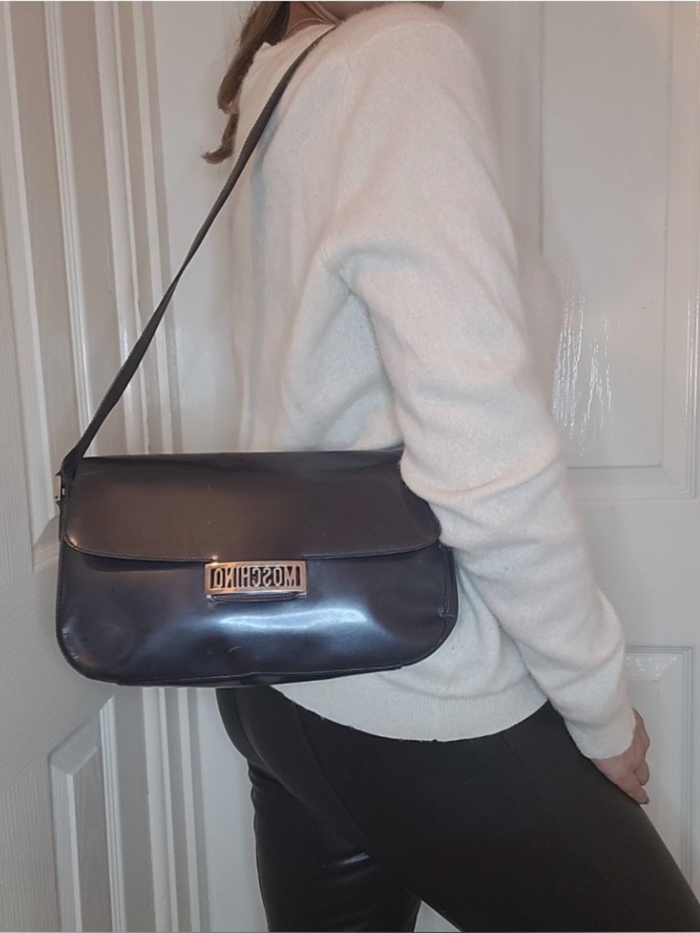 Vintage Moschino Black Leather shoulder Bag with SILVER Logo  Made in Italy